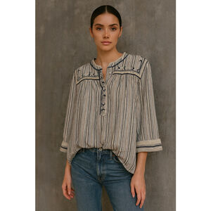 Ba&sh Revolve Camus Top Size 3 Large Striped Embroidered Boho Blouse Peasant